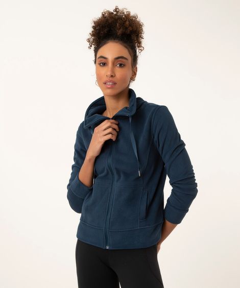 casaco de fleece gola alta com zíper esportivo azul escuro