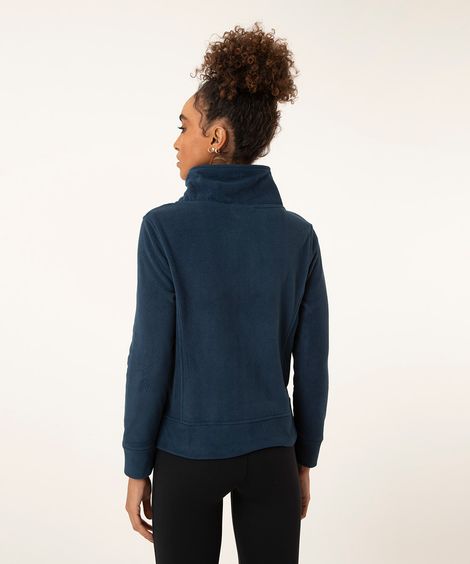 casaco de fleece gola alta com zíper esportivo azul escuro