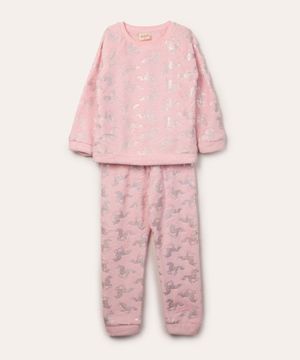 pijama de inverno infantil em pelúcia unicórnios rosa
