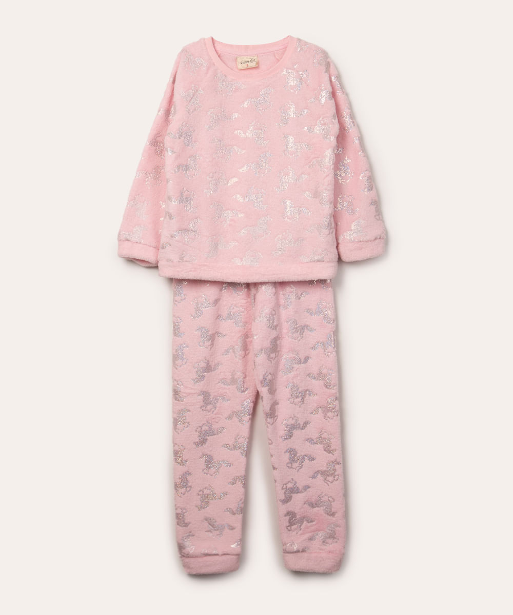 elegante tono munición pijama de inverno infantil em pelúcia unicórnios rosa - C&A