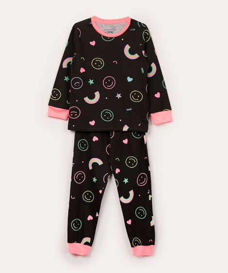 pijama infantil de algodão manga longa estampado preto