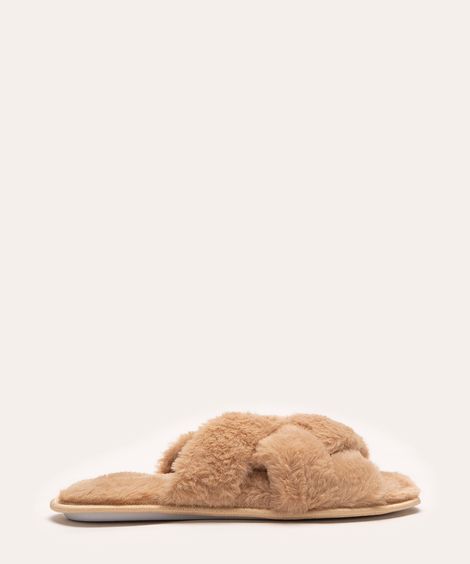 pantufa chinelo pelúcia faixas cruzadas marrom