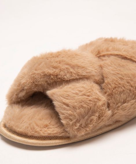 pantufa chinelo pelúcia faixas cruzadas marrom