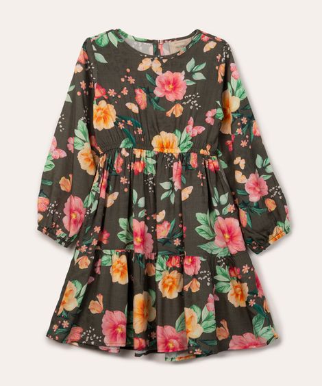 vestido infantil de viscose floral manga bufante verde escuro