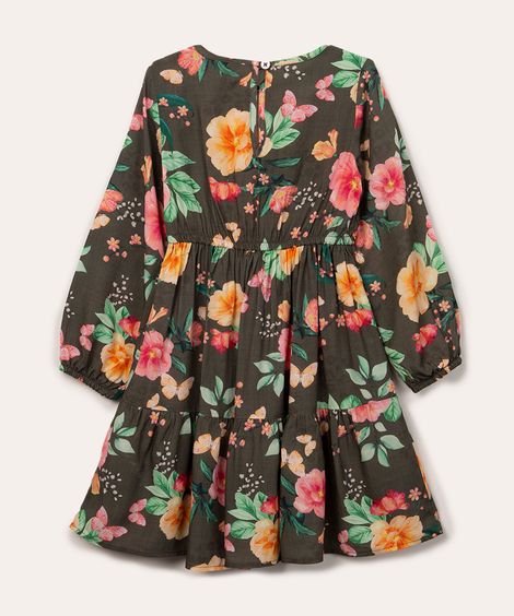 vestido infantil de viscose floral manga bufante verde escuro