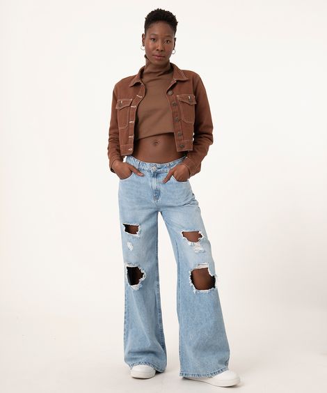 calça wide leg jeans destroyed cintura baixa azul claro
