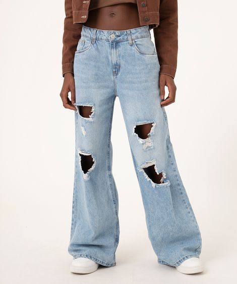 calça wide leg jeans destroyed cintura baixa azul claro