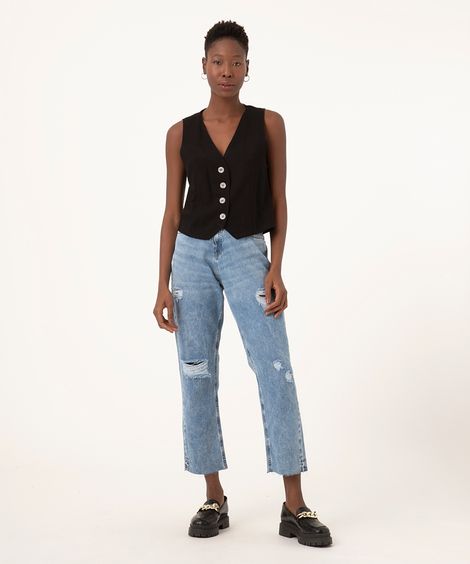 calça jeans reta destroyed cintura super alta azul médio