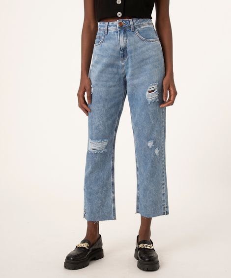 calça jeans reta destroyed cintura super alta azul médio