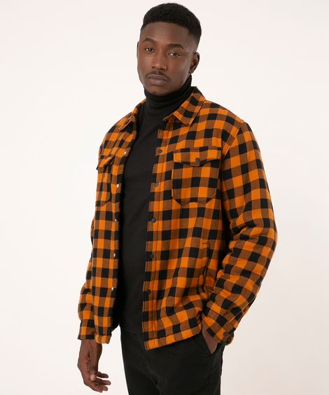 jaqueta overshirt xadrez manga longa com pelo laranja