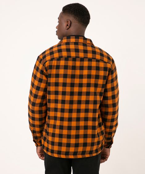 jaqueta overshirt xadrez manga longa com pelo laranja