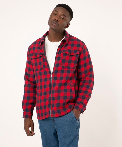 jaqueta overshirt xadrez manga longa com pelo vermelha