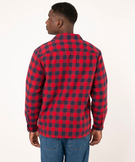 jaqueta overshirt xadrez manga longa com pelo vermelha