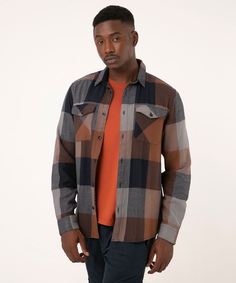 camisa tradicional xadrez manga longa caramelo