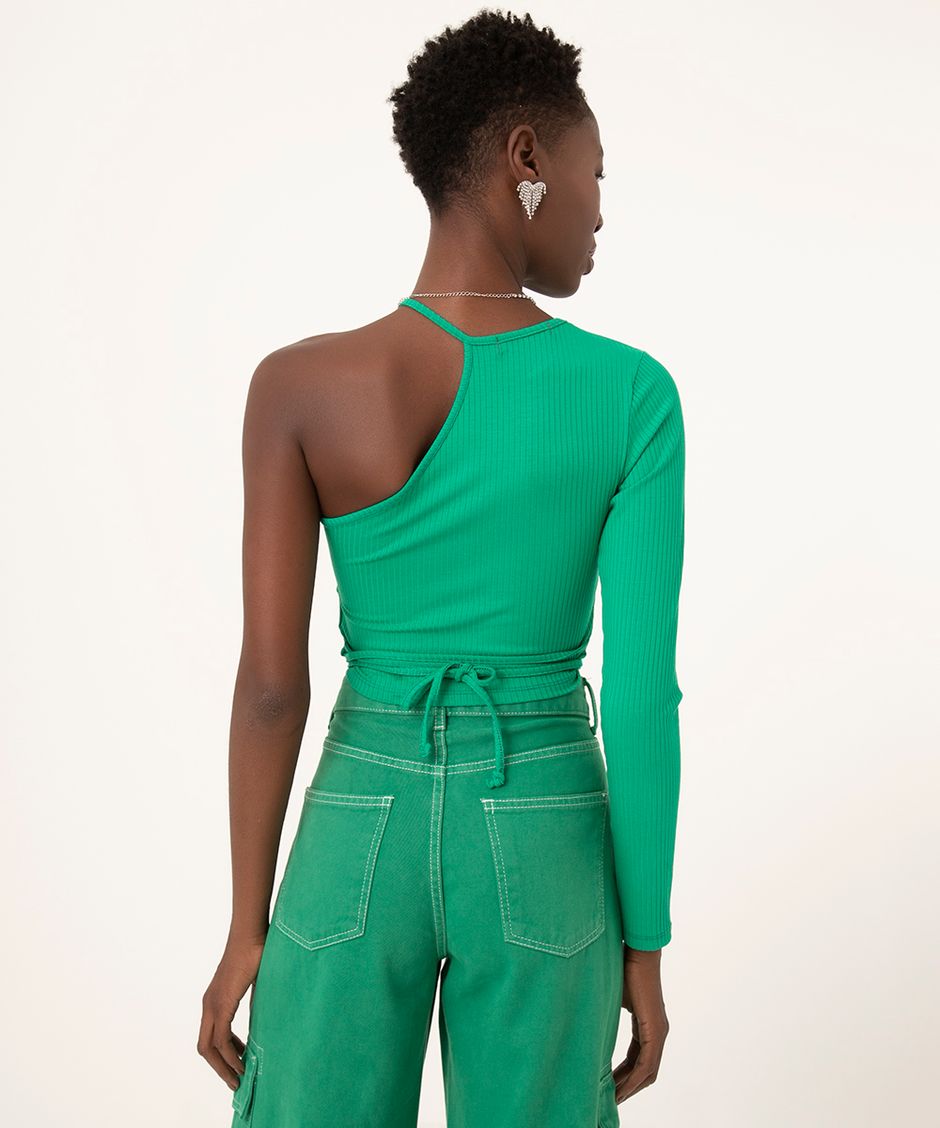 blusa cropped assimétrica com amarração verde