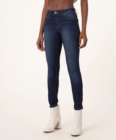 calça jeans super skinny cintura média azul escuro