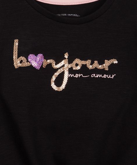 blusa infantil manga longa com nó bonjour preta