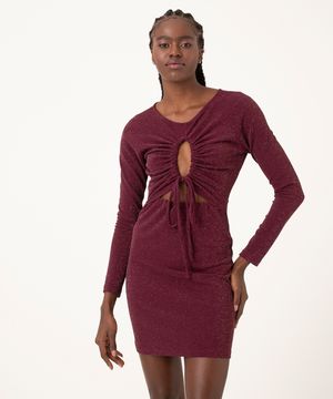 vestido tubinho em lurex cut out com amarração roxo escuro