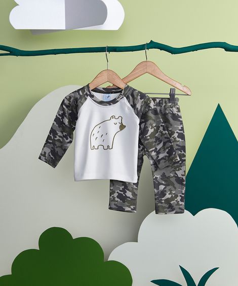 conjunto infantil manga longa urso + calça camuflada tip top off white