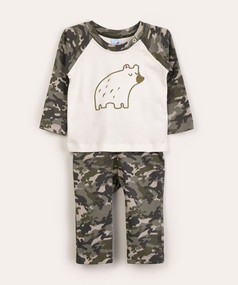 conjunto infantil manga longa urso + calça camuflada tip top off white