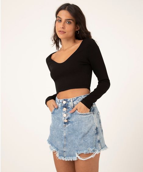 short saia jeans cintura alta com botões azul claro