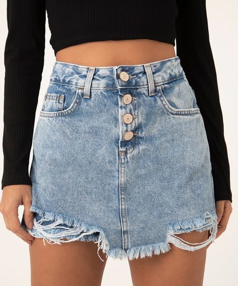 short saia jeans cintura alta com botões azul claro