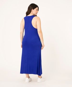 Vestido Feminino Plus Size Básico Midi com Fenda Decote Nadador Azul Royal