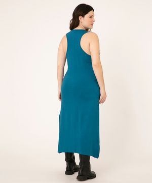 Vestido Feminino Plus Size Básico Midi com Fenda Decote Nadador Azul Petróleo