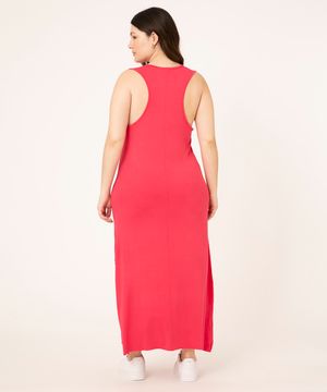 Vestido Feminino Plus Size Básico Midi com Fenda Decote Nadador Rosa