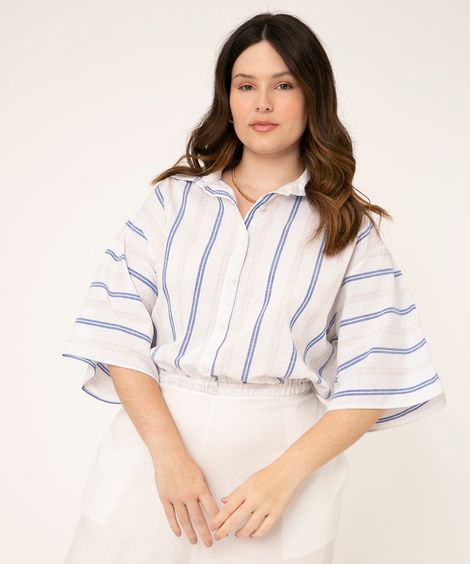 camisa plus size manga kimono listrado off white