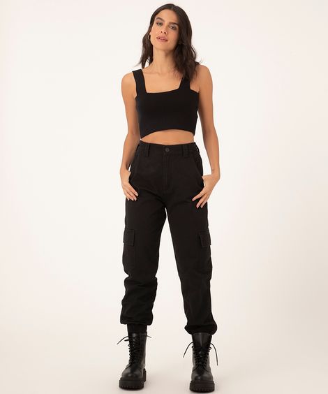 calça jogger cargo de sarja cintura super alta preta