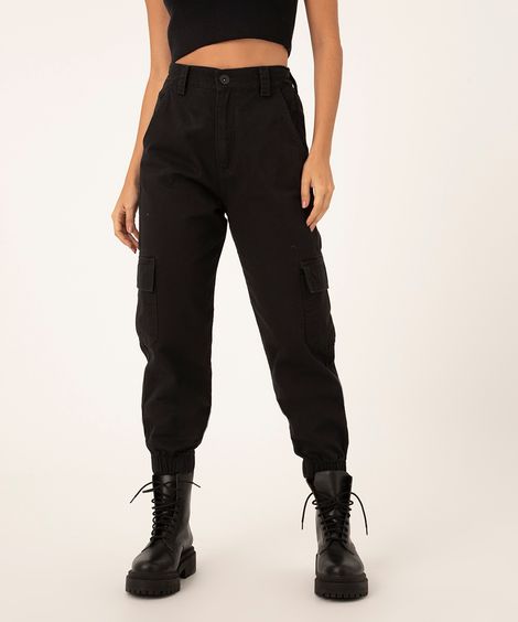 calça jogger cargo de sarja cintura super alta preta