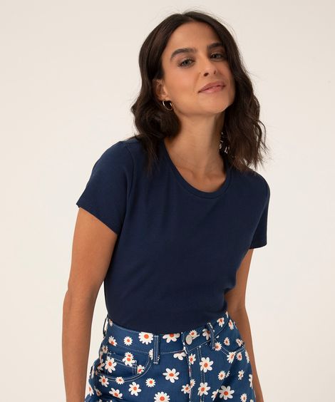 Camiseta Feminina Básico Manga Curta Decote Redondo Azul Marinho