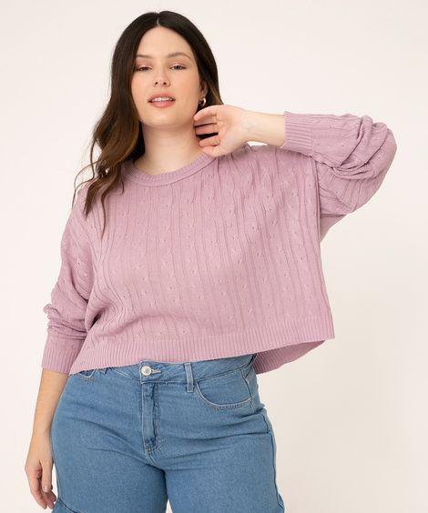Suéter Cropped de Tricô Plus Size Decote Redondo Lilás