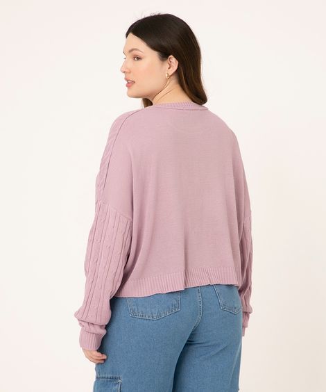 Suéter Cropped de Tricô Plus Size Decote Redondo Lilás