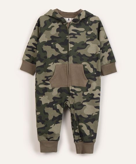 macacão infantil de moletom camuflado manga longa com capuz multicor
