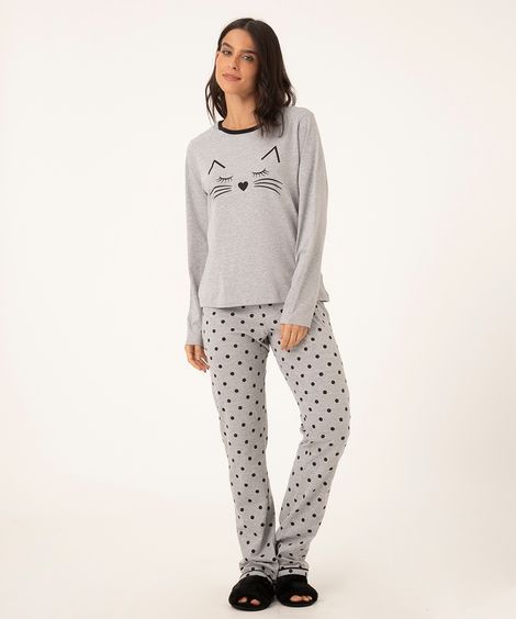 pijama longo gato poá  cinza mescla