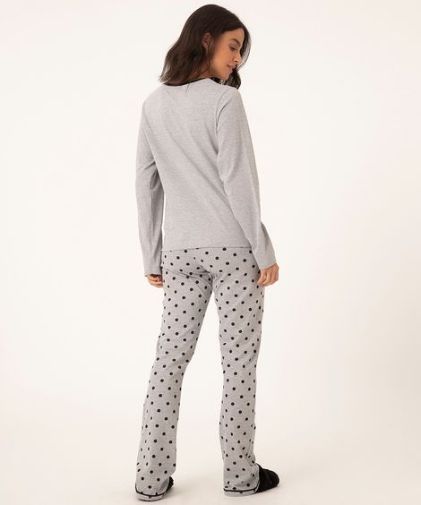 pijama longo gato poá  cinza mescla