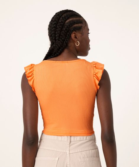 blusa cropped canelada com amarração e babado laranja