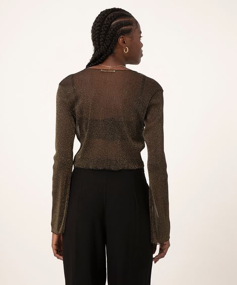 blusa cropped de tule com lurex e amarração preta