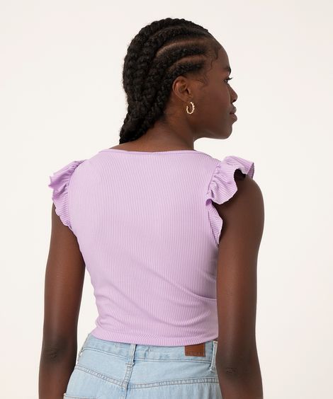 blusa cropped canelada com amarração e babado lilás
