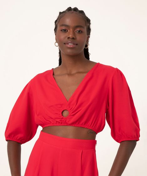 blusa cropped de viscose manga bufante cut out vermelha