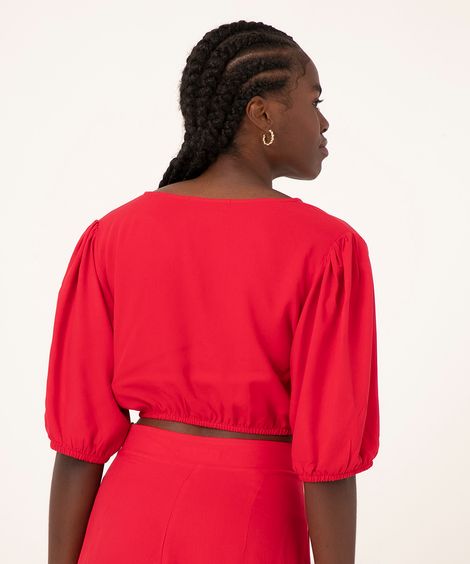 blusa cropped de viscose manga bufante cut out vermelha
