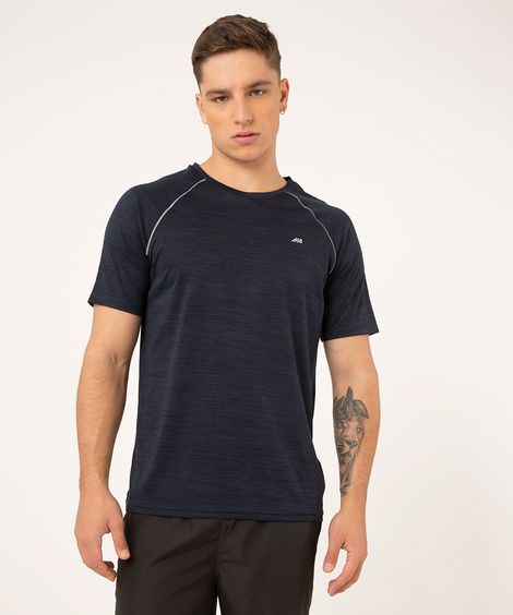 Camiseta Esportiva com Vivo Refletivo Manga Curta Gola Careca Azul Marinho