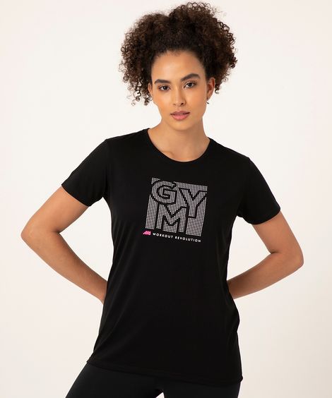 blusa manga curta estampa localizada preta
