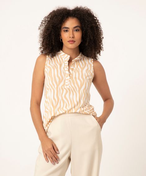 regata estampada animal print zebra gola alta decote v bege
