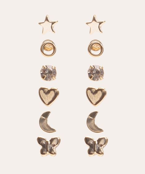 kit 6 pares de brinco pingentes variados dourado