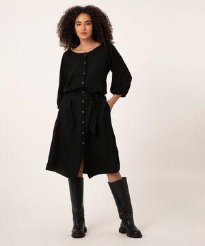vestido midi manga bufante com faixa para amarrar preto