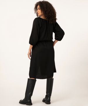 vestido midi manga bufante com faixa para amarrar preto