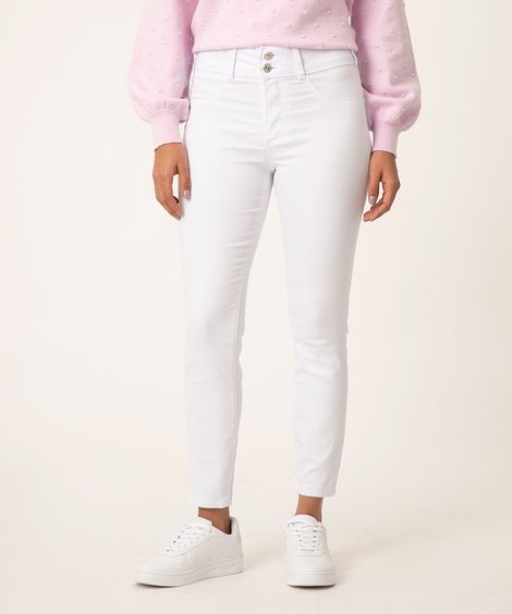 calça skinny pull up de sarja cintura média branca